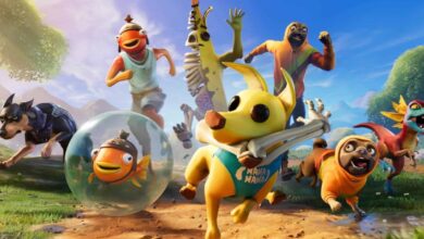 Uma imagem promocional dos animais de estimação companheiros do Fortnite, apresentando um cachorro amarelo vestindo uma casca de banana