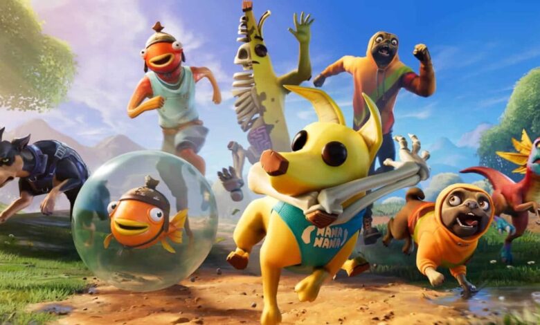 Uma imagem promocional dos animais de estimação companheiros do Fortnite, apresentando um cachorro amarelo vestindo uma casca de banana