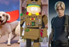 Uma imagem recortada apresentando vários personagens e elementos relacionados às colaborações do Fortnite com outras franquias