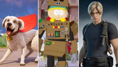 Uma imagem recortada apresentando vários personagens e elementos relacionados às colaborações do Fortnite com outras franquias