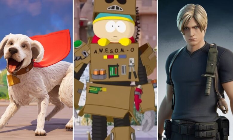 Uma imagem recortada apresentando vários personagens e elementos relacionados às colaborações do Fortnite com outras franquias