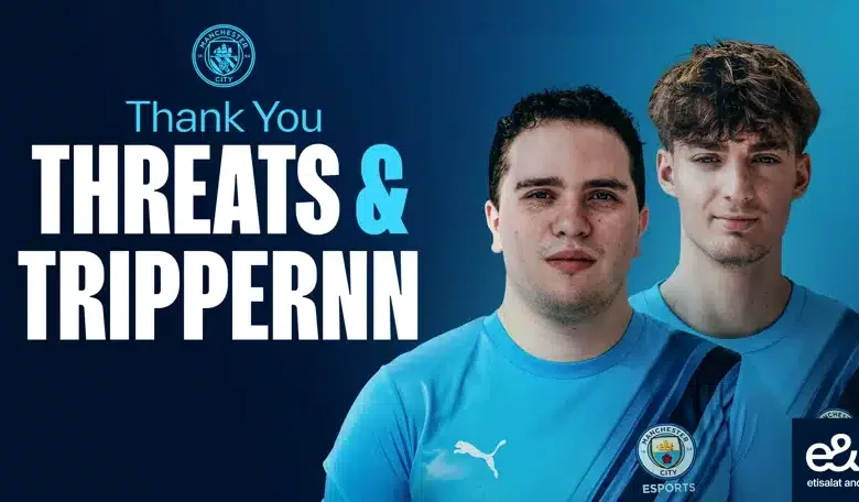 Gráfico de anúncio de partida do Manchester City Esports para profissionais do Fortnite Threats e Trippernn