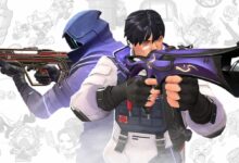 Ilustração mostrando dois agentes do jogo Valorant, Iso e Omen, apontando armas em frente a um fundo branco decorado com desenhos de desenhos animados