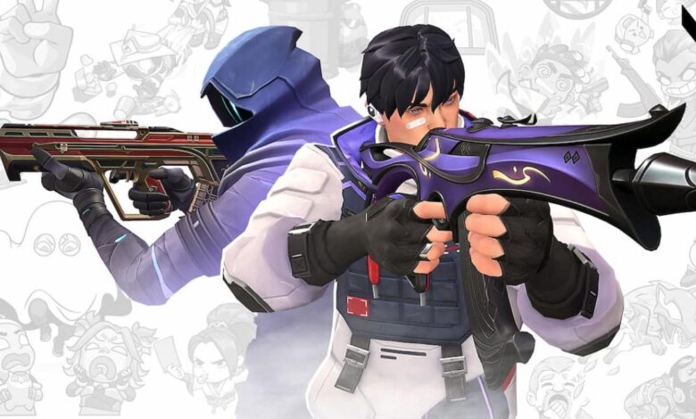 Ilustração mostrando dois agentes do jogo Valorant, Iso e Omen, apontando armas em frente a um fundo branco decorado com desenhos de desenhos animados