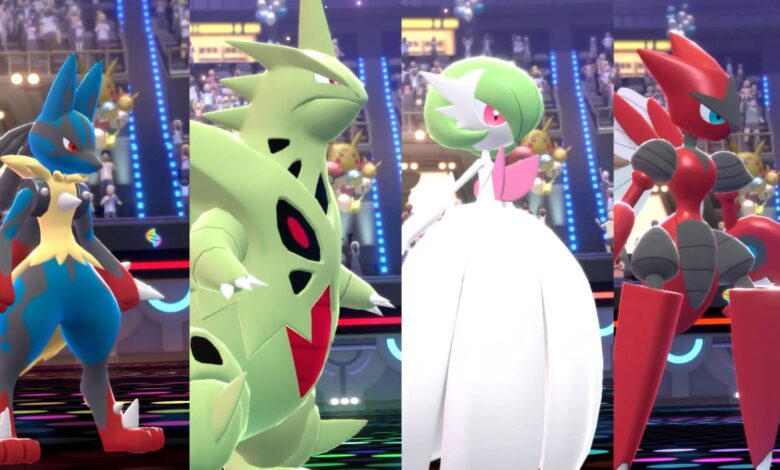 A imagem mostra quatro Pokémon Mega Evoluídos – da esquerda para a direita, Mega Lucario, Mega Tyranitar, Mega Gardevoir e Mega Scizor – em um ambiente de estádio.