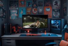 Uma fotografia detalhada e bem iluminada de um PC para jogos instalado em uma sala. A mesa contém um monitor que exibe uma pista de corrida noturna do jogo Forza Motorsport