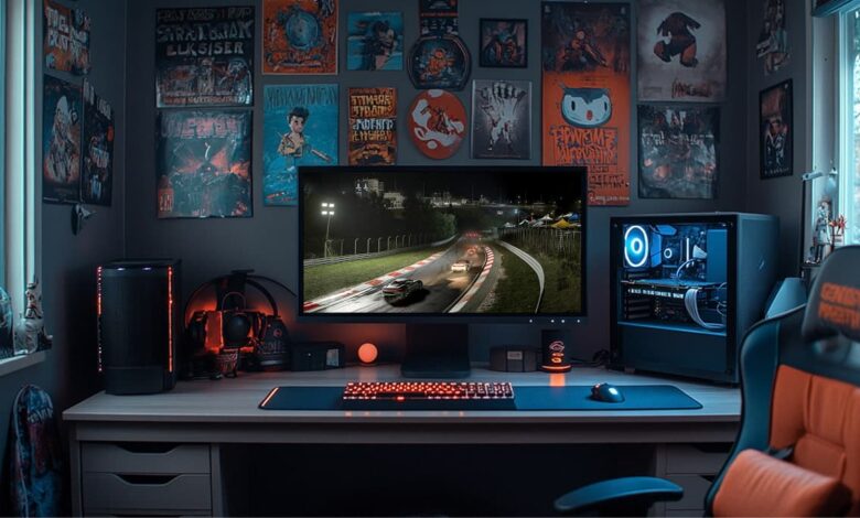 Uma fotografia detalhada e bem iluminada de um PC para jogos instalado em uma sala. A mesa contém um monitor que exibe uma pista de corrida noturna do jogo Forza Motorsport