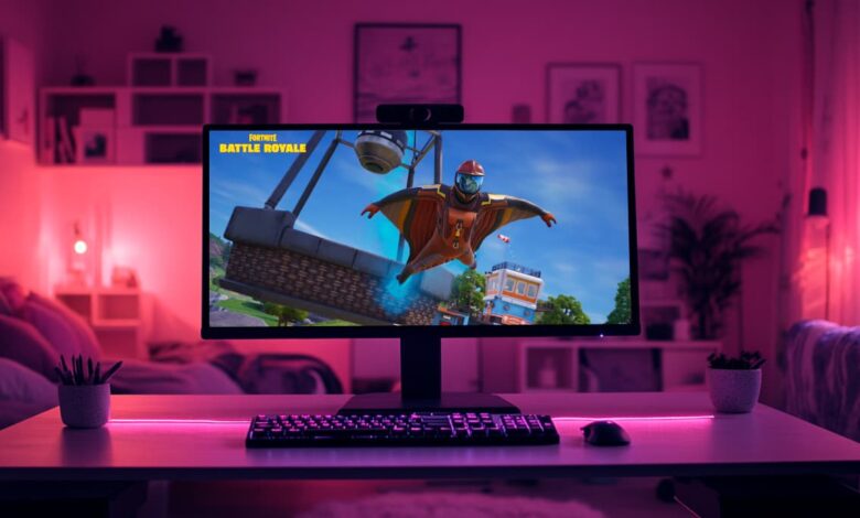 Um monitor de computador exibindo o jogo Fortnite Battle Royale em uma sala com iluminação neon roxa
