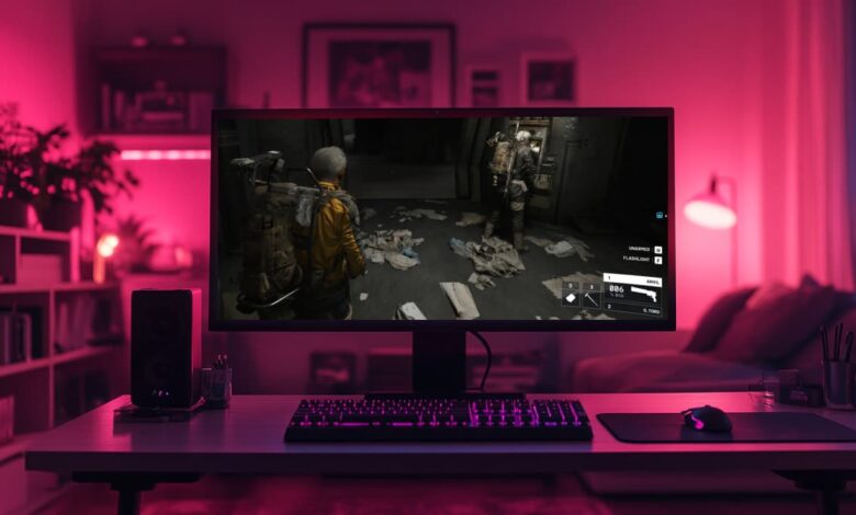 Monitor de PC exibe imagens de gameplay do videogame Arc Raiders